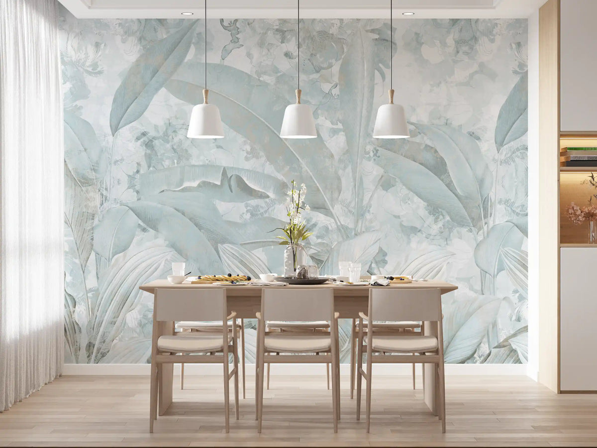 Ice Blue Botanical Banana Leaf Wall Mural Wall Mural