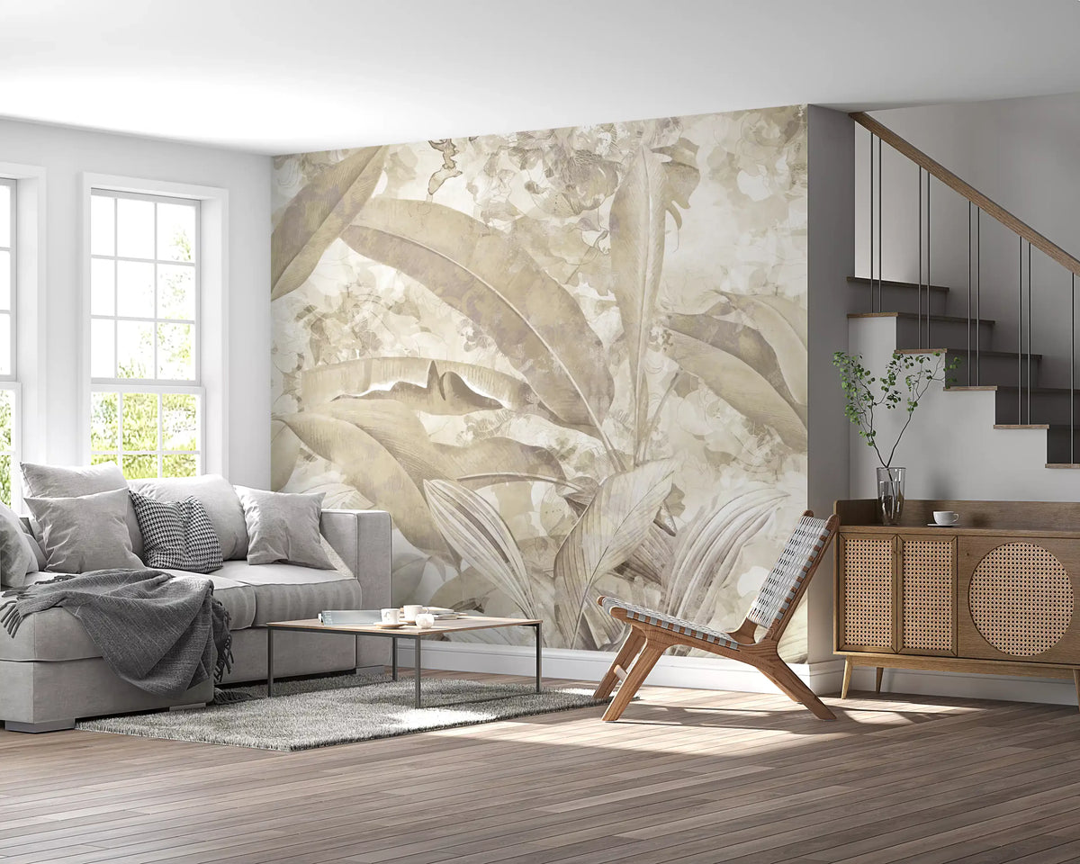 Warm Sand Beige Tropical Botanical Leaf Wall Mural Wall Mural
