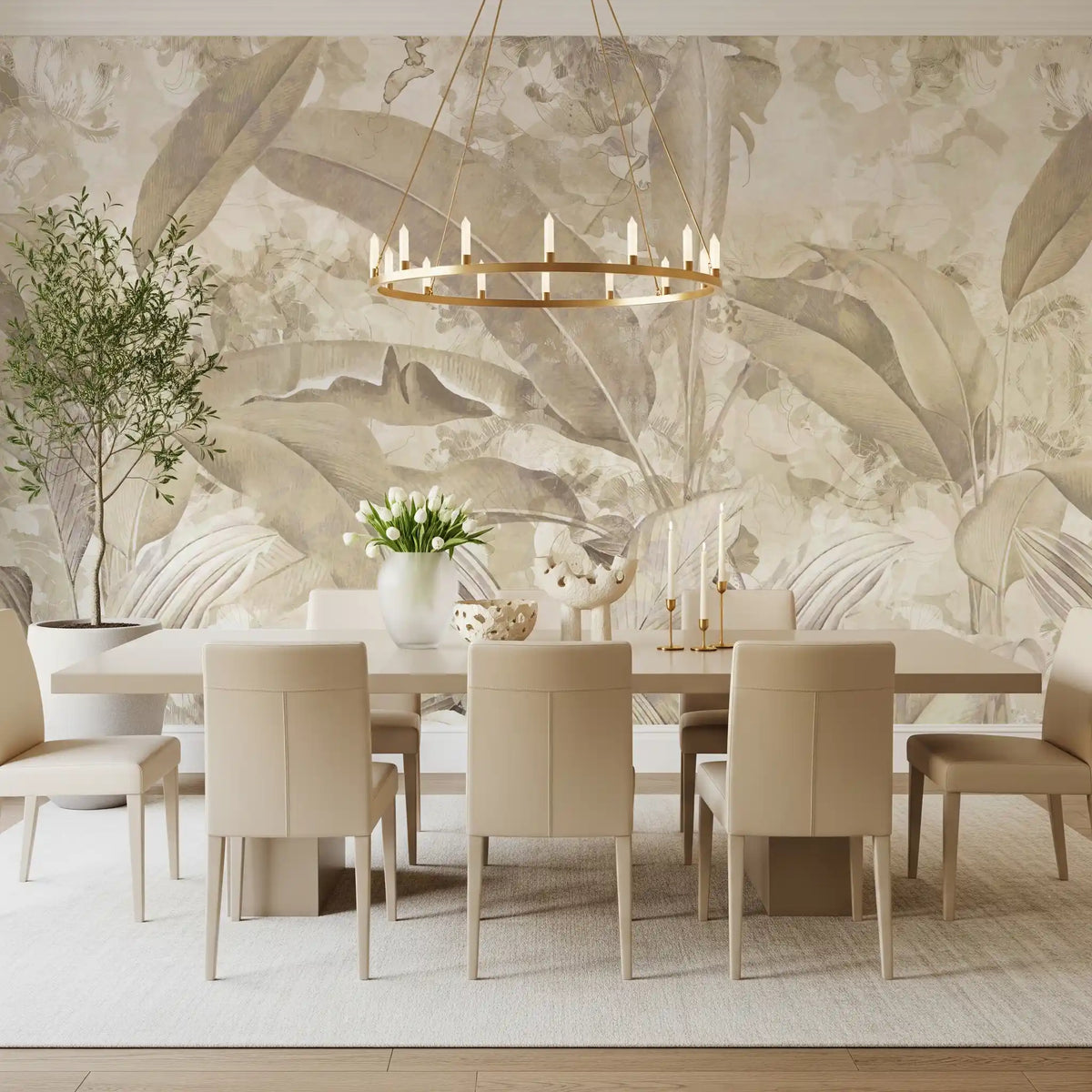 Warm Sand Beige Tropical Botanical Leaf Wall Mural Wall Mural