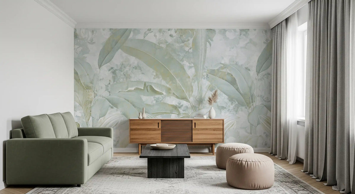 Sage Green Gold Tropical Botanical Leaf Wall Mural Wall Mural