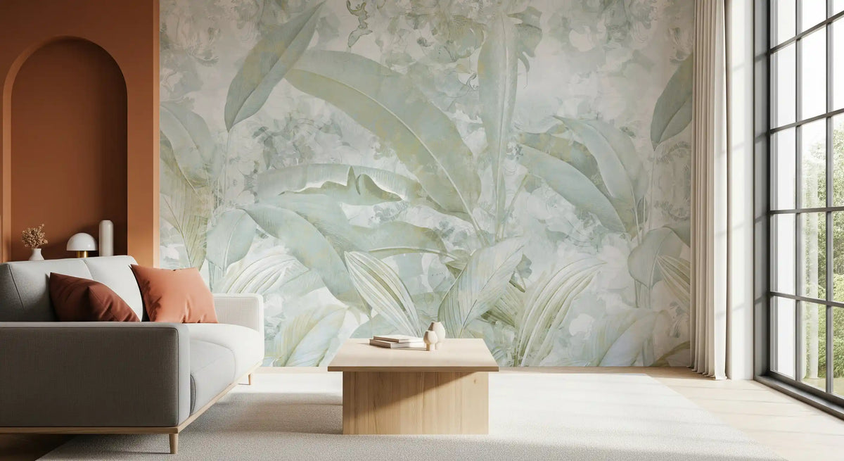 Sage Green Gold Tropical Botanical Leaf Wall Mural Wall Mural