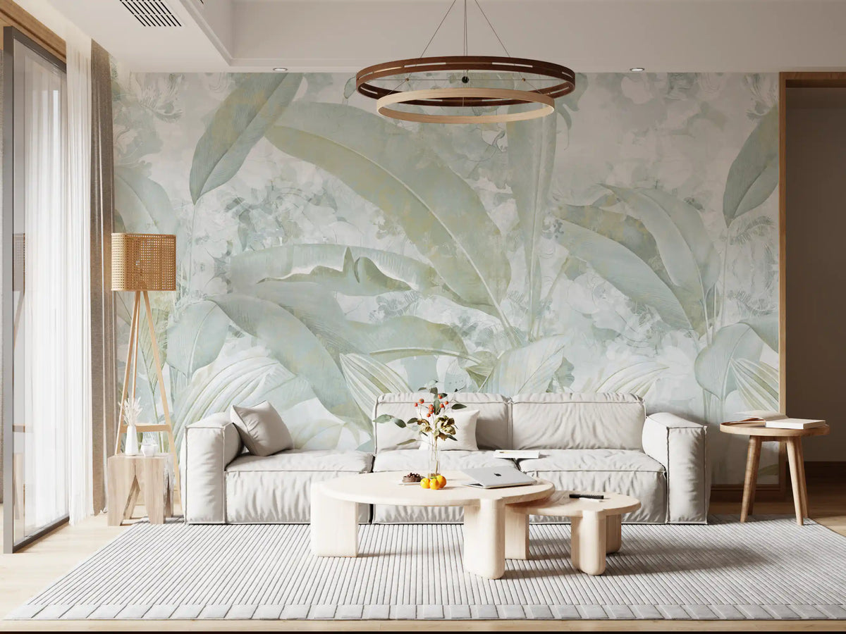 Sage Green Gold Tropical Botanical Leaf Wall Mural Wall Mural