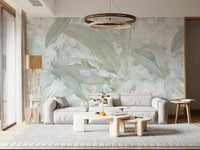 Sage Green Gold Tropical Botanical Leaf Wall Mural Wall Mural