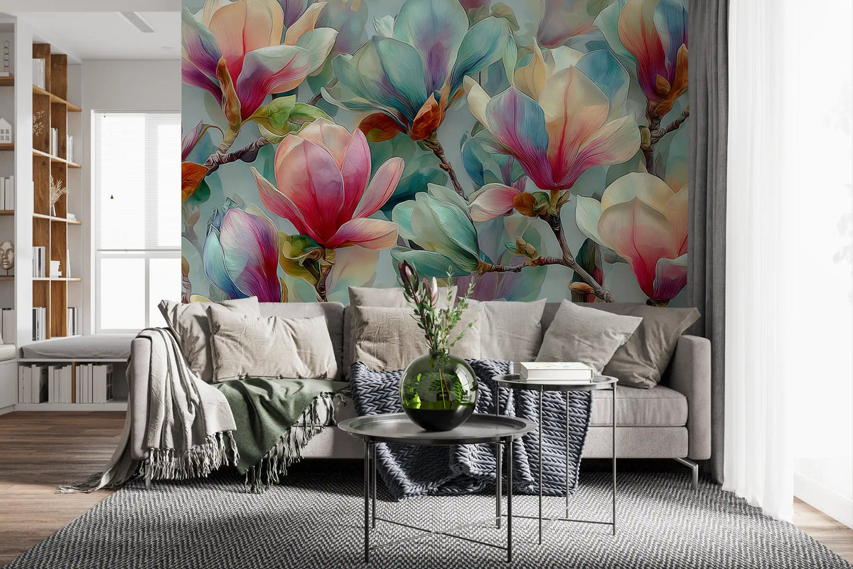Beige sofa with gray throws and black side table on pink magnolia floral wallpaper GD13977