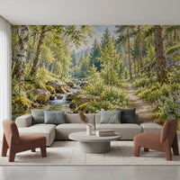 Sunlit Forest Stream Meadow Wall Mural