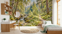 Sunlit Forest Stream Meadow Wall Mural