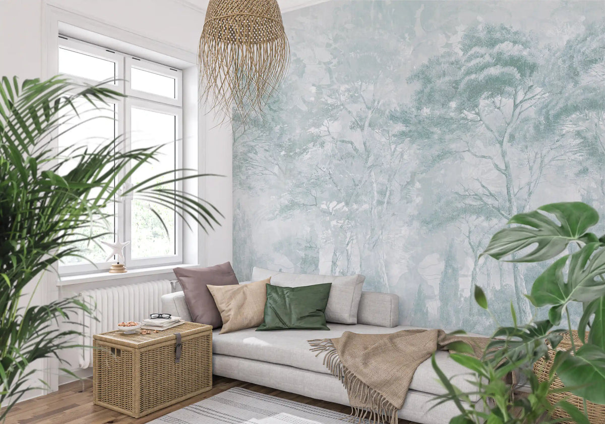 Sage Duck Egg Misty Forest Landscape Wall Mural Wall Mural