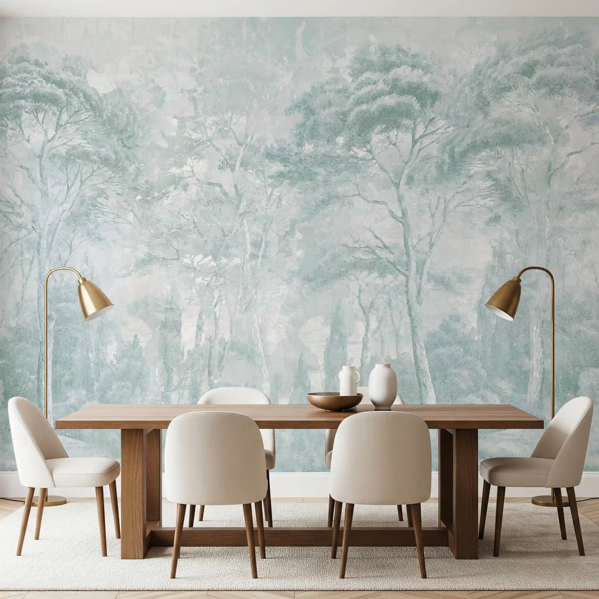 Sage Duck Egg Misty Forest Landscape Wall Mural Wall Mural