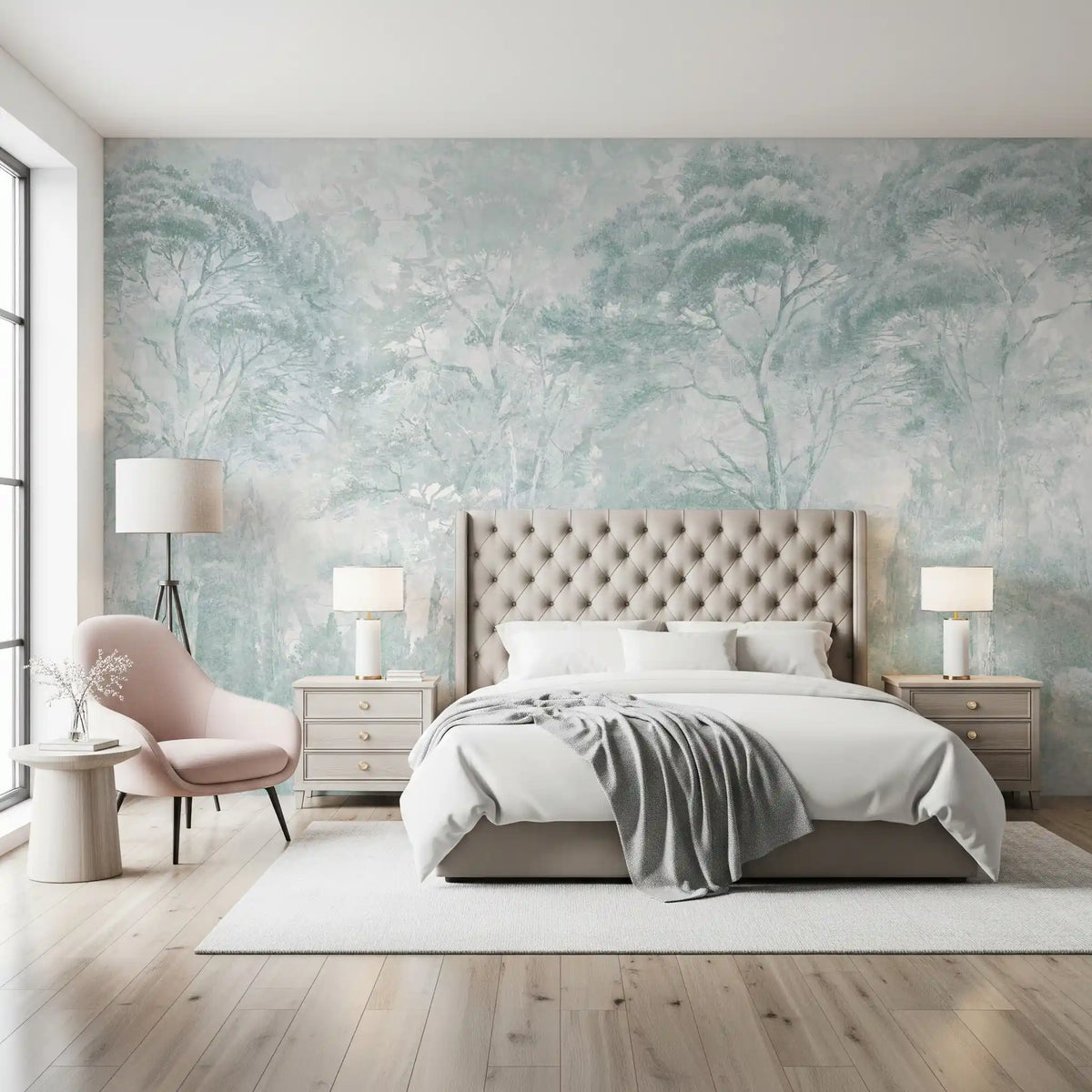 Sage Duck Egg Misty Forest Landscape Wall Mural Wall Mural
