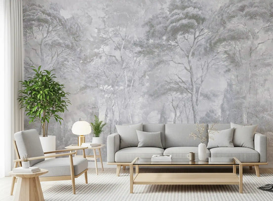 Gray forest wallpaper behind a light gray sofa, wood coffee table and potted ficus GD13981