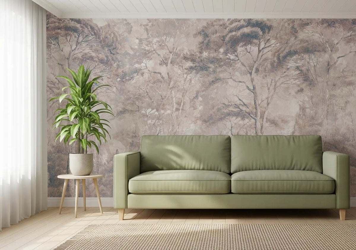 Dusty Mauve Taupe Misty Forest Landscape Wall Mural Wall Mural