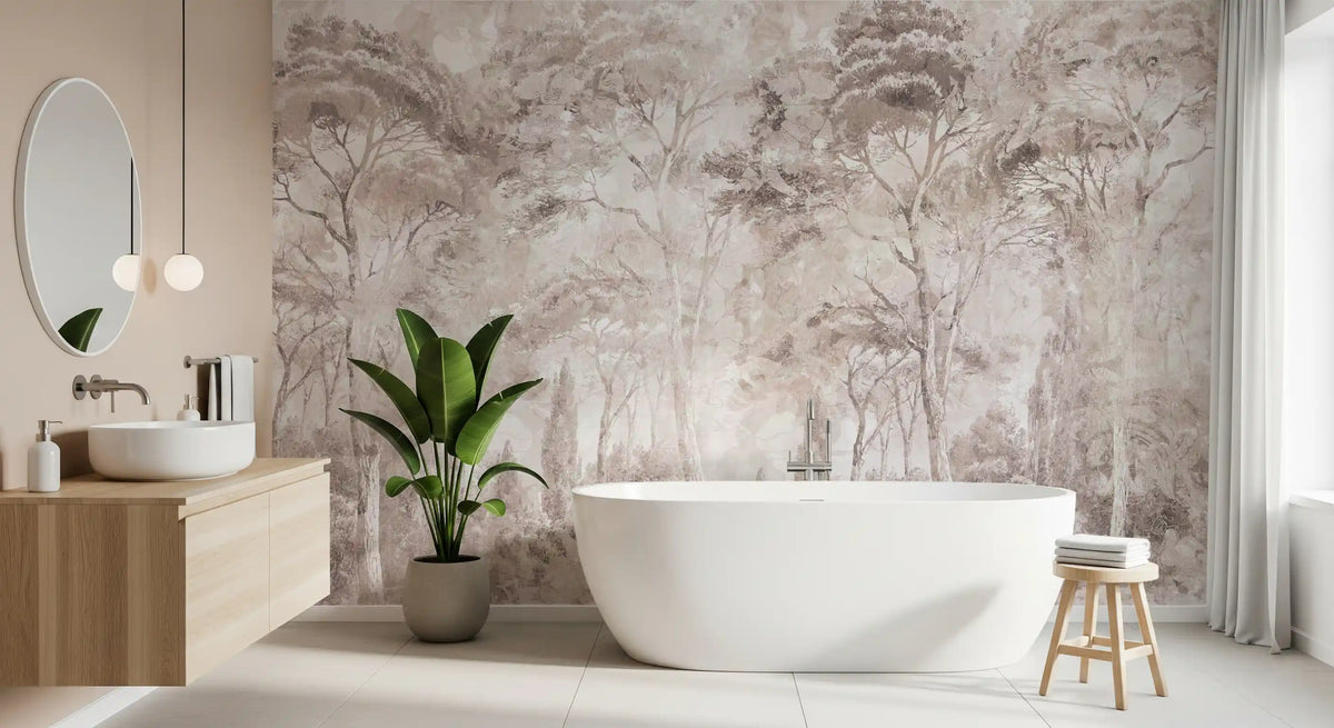 Soft Rose Taupe Misty Forest Landscape Wall Mural Wall Mural