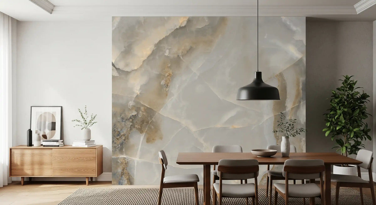 Dining room with dark wood table, gray chairs and black pendant on gray marble wallpaper GD13987