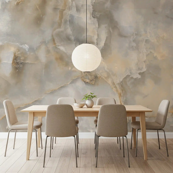 Dining room with oak table, beige chairs and paper globe pendant on cream marble wallpaper GD13988