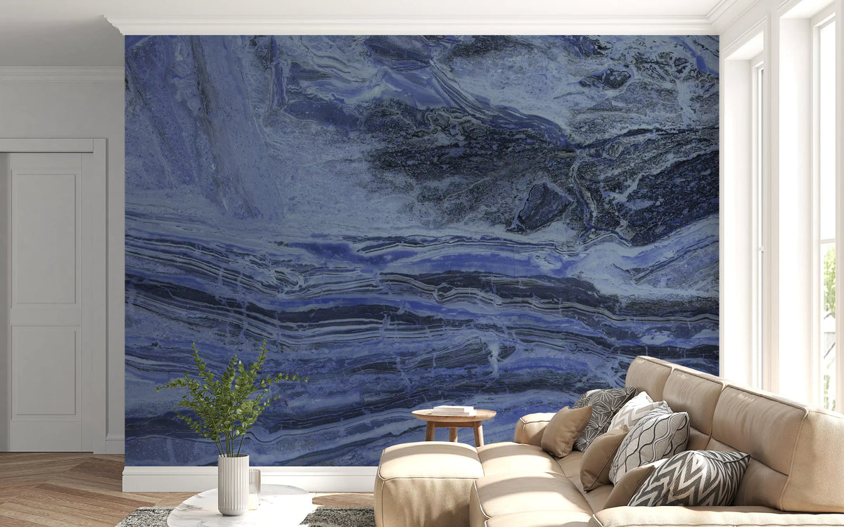 Deep Azure Fluid Marble Swirls Wall Mural