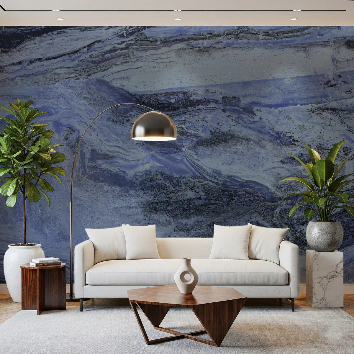 White sofa and angular walnut coffee table on indigo slate marble wallpaper GD14000