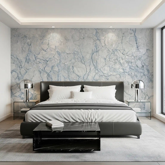 Bedroom with black leather bed and chrome lamps on arctic marble wallpaper GD14007