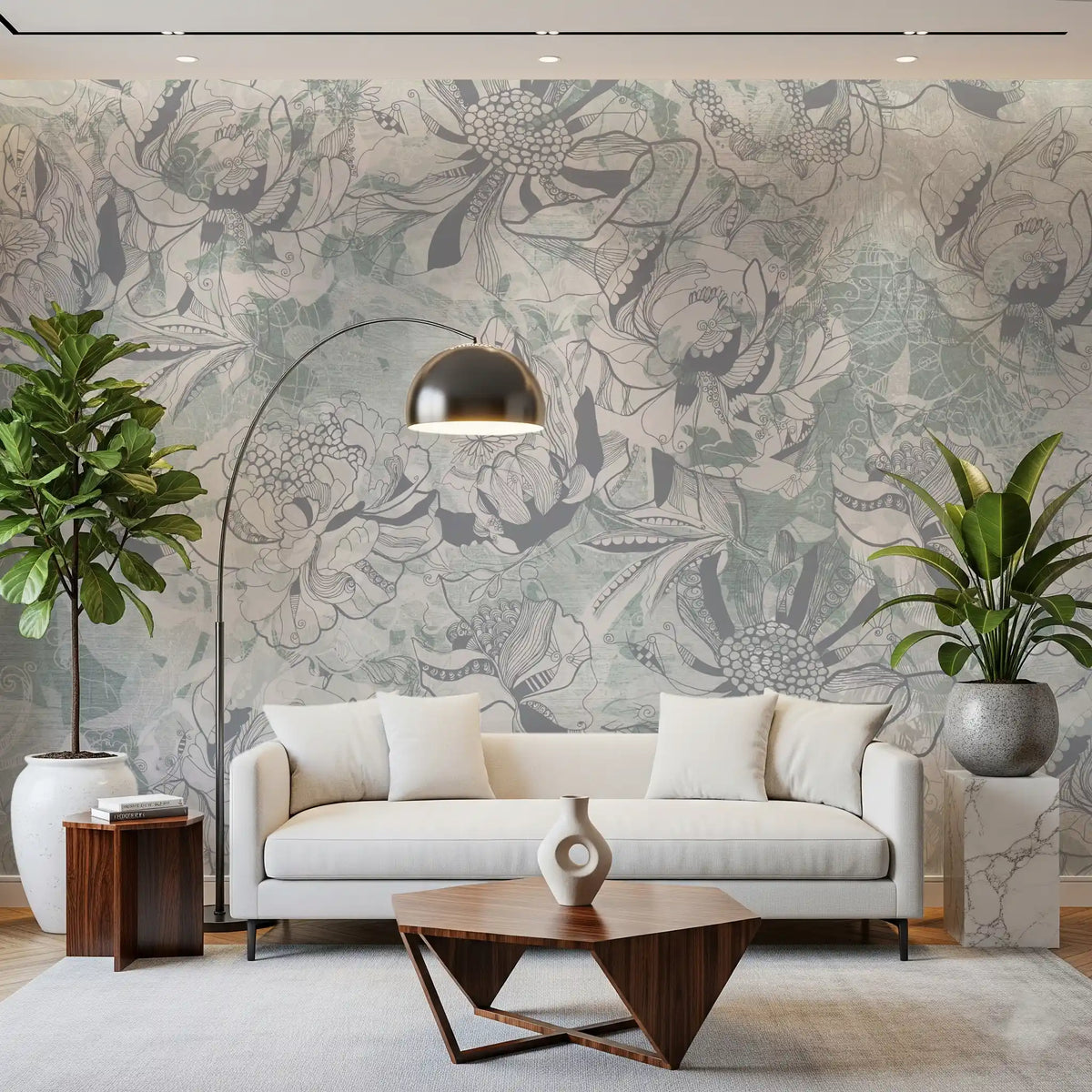 Misty Slate Ice Teal Botanical Floral Wall Mural Wall Mural