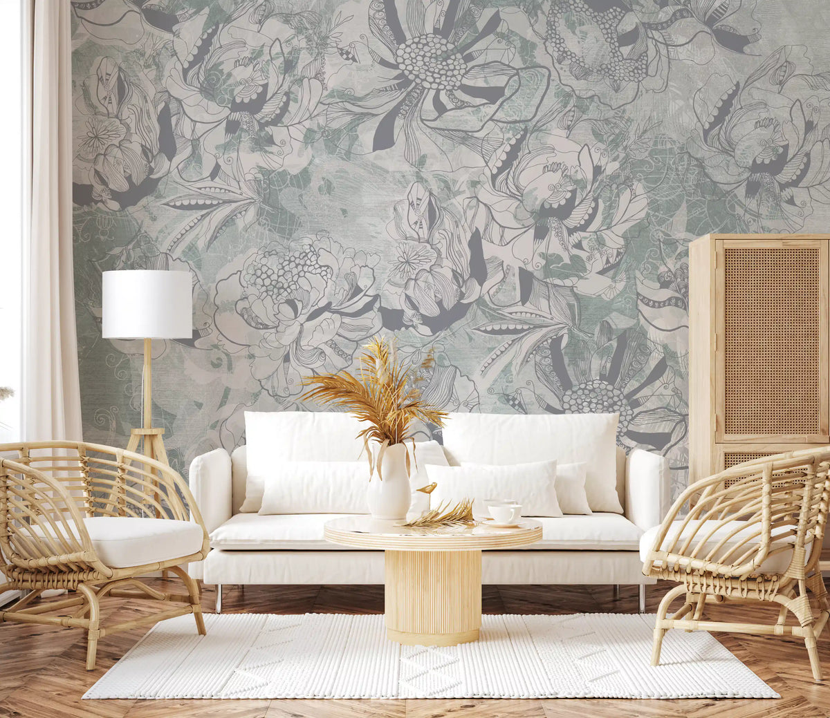 Misty Slate Ice Teal Botanical Floral Wall Mural Wall Mural