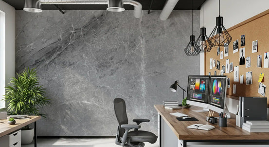 Home office with wood desk, monitors and cork board on gray marble wallpaper mural GD14027