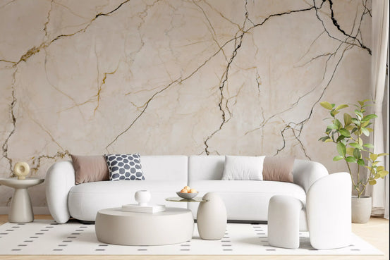 Marble wallpaper mural behind curved white sofa and round white coffee tables GD14041