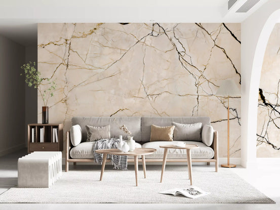 Marble wallpaper mural behind gray sofa, round wood coffee tables and arched doorway GD14043