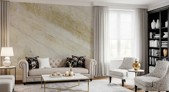 Classic living room with tufted beige sofa and cream Calacatta marble wallpaper GD14045