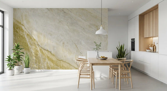 White kitchen with oak dining table and potted plants on golden stone marble wallpaper GD14046