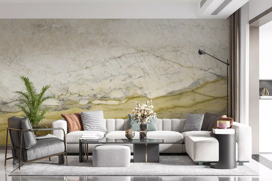 Living room with light gray sectional and black coffee table on olive gold marble wallpaper GD14049