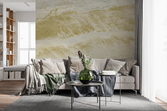 Marble wallpaper mural with golden bands behind a gray sofa and black side table GD14051