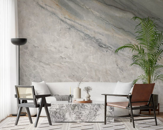 White sofa, marble block coffee table and leather sling chair by gray marble wallpaper GD14061