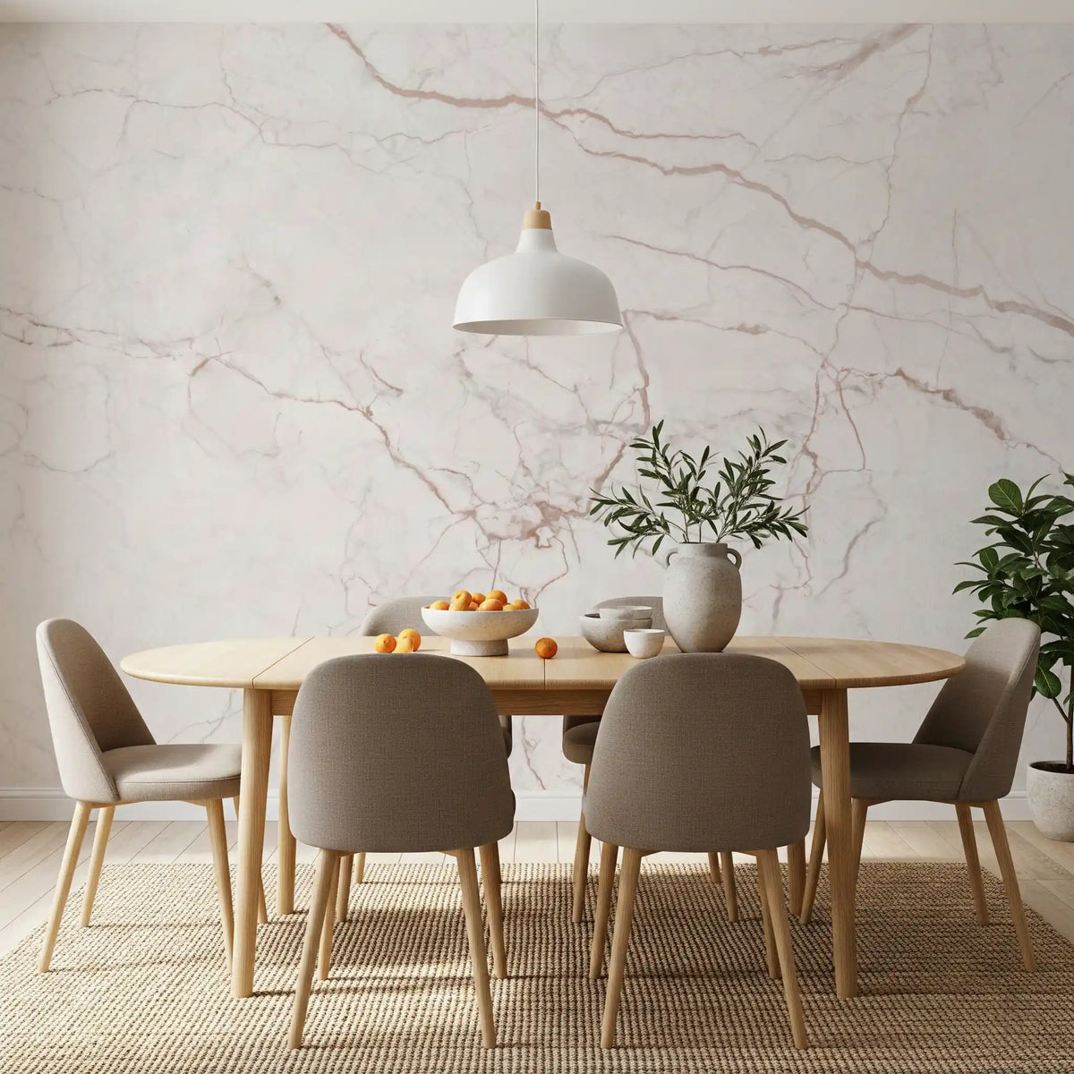 Dining room with round oak table, taupe chairs and white pendant on blush marble wall GD14067