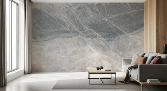 Charcoal sofa with rust cushions by wood slat panel and cool grey marble wallpaper GD14068
