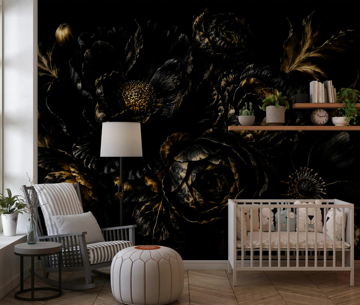 Dark floral wallpaper in a nursery with a white crib, gray rocking chair and pouf GD14073
