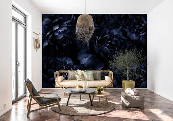 Peony wallpaper behind a rattan loveseat with a macrame pendant and terracotta floor GD14074