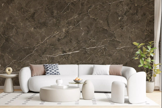 Brown marble wallpaper behind a white curved sofa and round coffee table in a living room GD14090