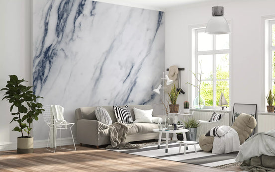 Bright living room with gray sofa, striped cushions and wire chair on blue and white marble wallpaper GD14093