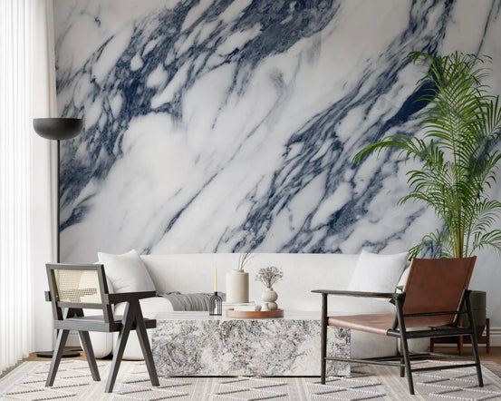White sofa, rattan chair and leather lounge chair before navy and white marble wallpaper GD14094