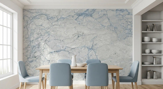 Blue and white marble wallpaper in a dining room with pale blue chairs and white shelves GD14096