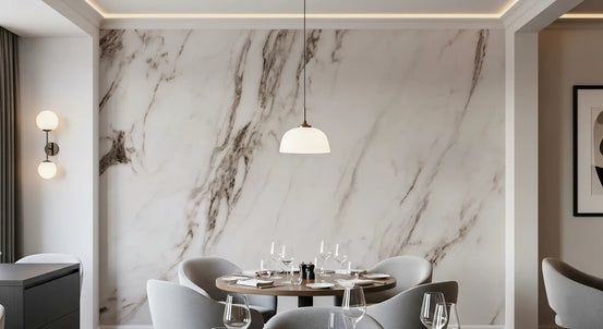 Marble wallpaper mural behind round dining table, gray chairs and white pendant lamp GD14108