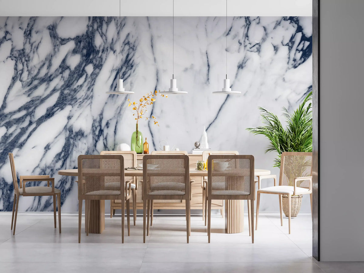 Classic Navy and White Marble Veins Wall Mural