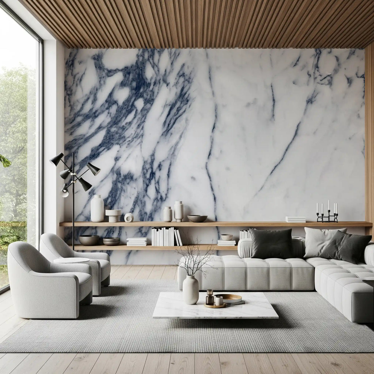 Classic Navy and White Marble Veins Wall Mural