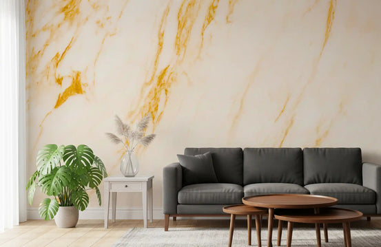 Marble wallpaper mural behind charcoal sofa, nesting walnut tables and monstera GD14112