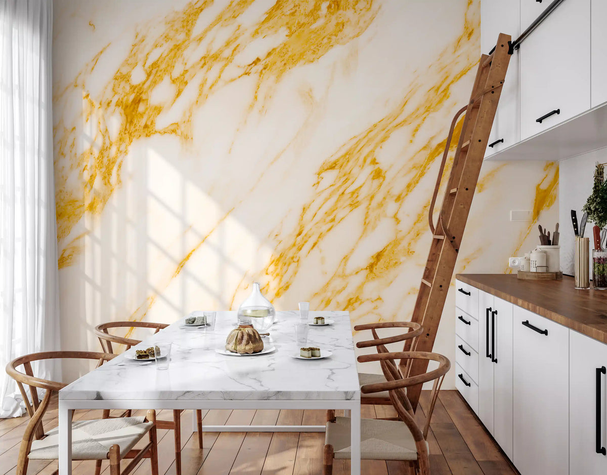 Marble wallpaper mural in kitchen nook with white marble table and wood chairs GD14113