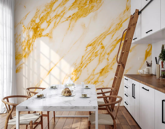 Marble wallpaper mural in kitchen nook with white marble table and wood chairs GD14113
