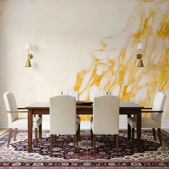 Formal dining room with dark wood table, cream chairs and Persian rug on marble wallpaper GD14117