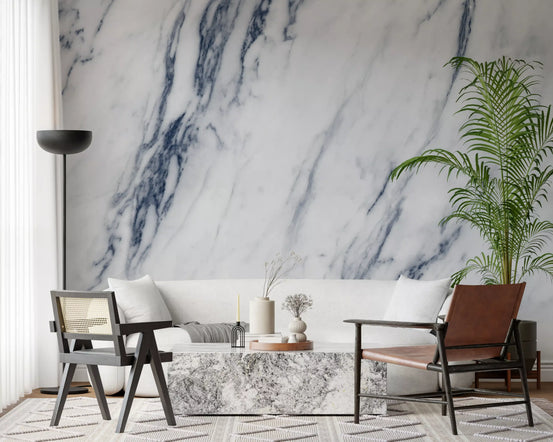 White sofa, cane chair and marble block table on blue and white marble wallpaper GD14118