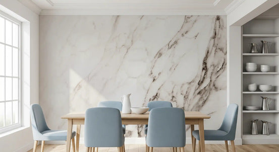 Dining room with pale blue chairs, wood table and white shelves on marble wallpaper GD14119