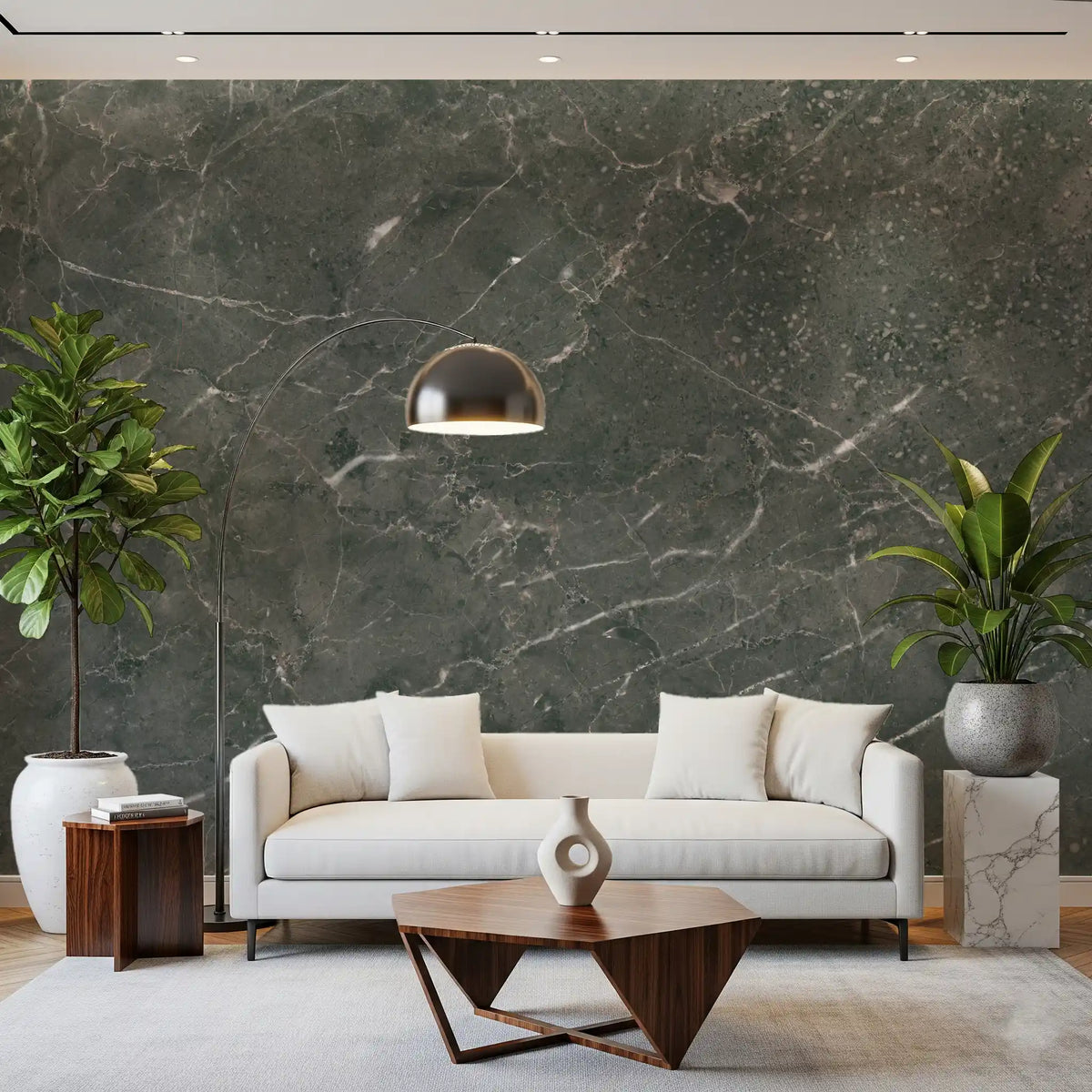 Charcoal marble wallpaper behind a white sofa, walnut coffee table and arc lamp GD14125