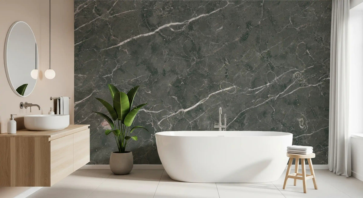 Bathroom with white freestanding tub and wood vanity on dark charcoal marble wallpaper GD14127